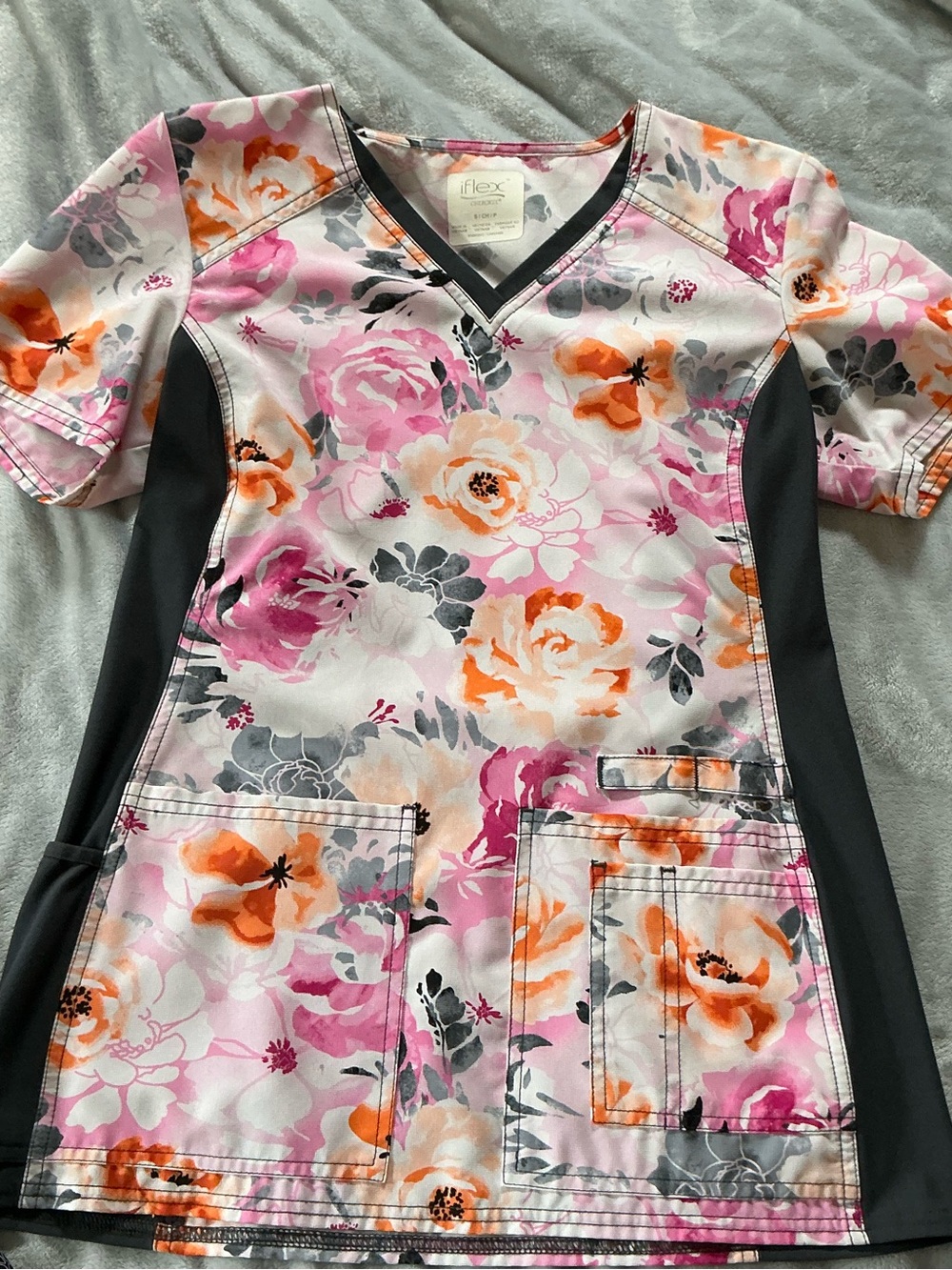 Cherokee Floral Scrub Top - Pink, Orange & Gray